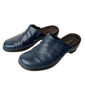 Clarks Womens Blue Leather Slip On Slide Clogs